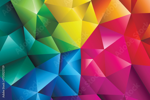 Polygonal rainbow mosaic background. Abstract low poly vector illustration. Triangular pattern, copy space. Template geometric business design with triangle for poster, banner, card, flyer.