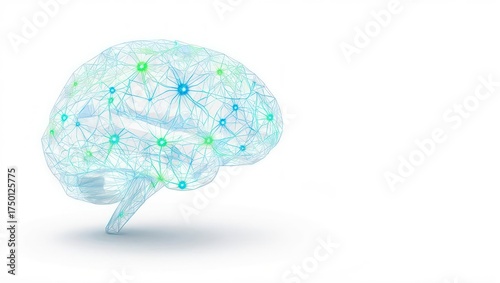 3D rendered brain illustration with network connections, featuring a transparent, glowing design