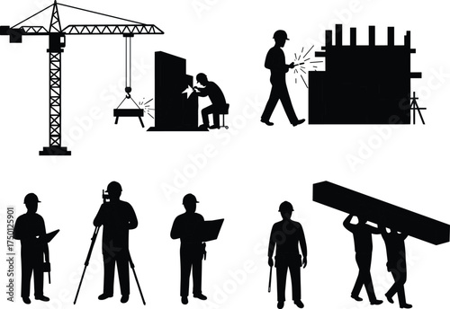Construction silhouettes, welding workers, crane lifting, beam carrying, surveying tripod, industrial teamwork, jobsite activity, labor force, heavy tools, engineering site, skilled workers