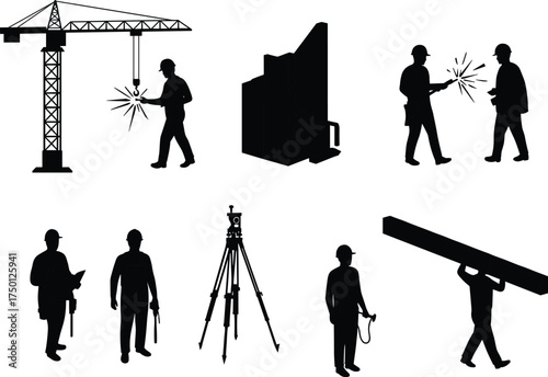 Construction silhouettes, workers with tools, welding action, crane lifting, surveying tripod, industrial labor, heavy equipment, teamwork, building site, manual work, construction activity