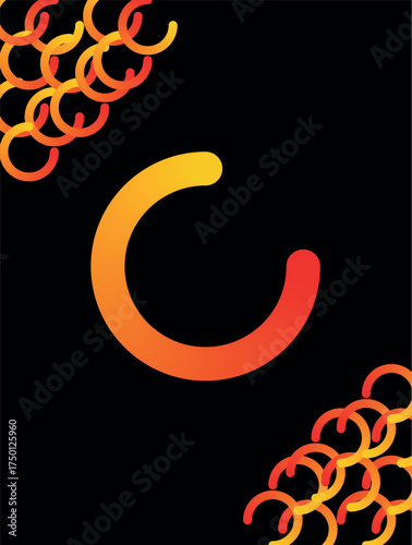 Abstract glowing orange and yellow crescent moon shape with circular patterns on black background