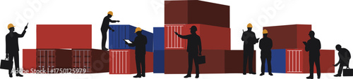 Container logistics illustration, shipping inspection scene, forklift and reach stacker, cargo handling workers, black vector art, global trade operation, port equipment activity