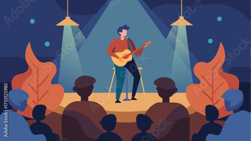 A solo musician performing on a small stage in a cozy venue with intimate lighting and an engaged audience enjoying the performance.