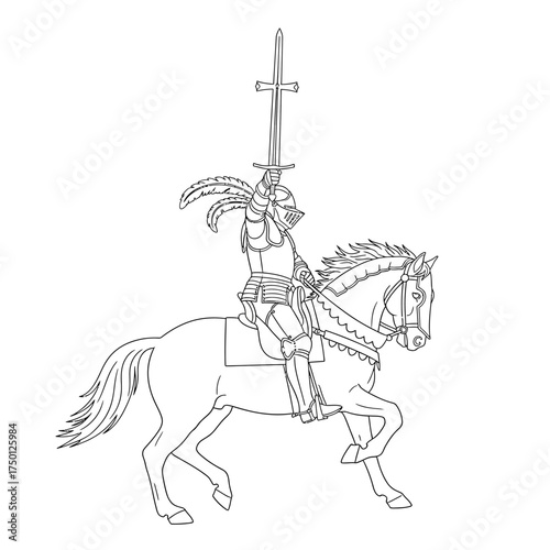 Knight on Horseback Raising Sword in Triumph Line Art.