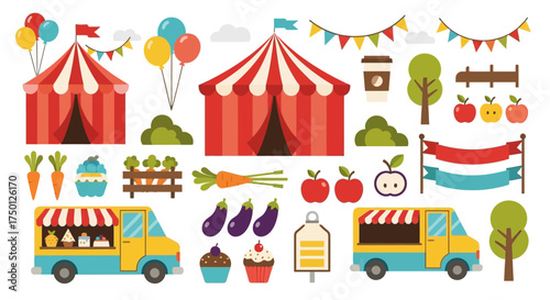 Vibrant Carnival Fun and Food Fair Illustrations Featuring Big Top Tents Bunting Balloons Food Trucks and Fresh Produce Elements for Festive Designs