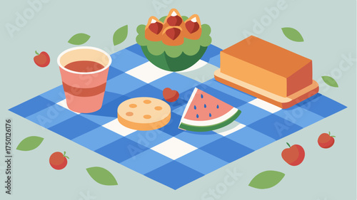 A picnic scene spread with organic snacks like wholegrain sandwiches seasonal fruit and handmade granola bars laid out on a checkered blanket.