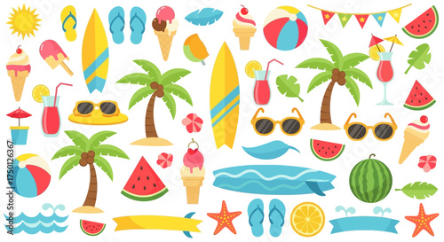 Collection of Summer Beach Vacation Tropical Island Recreation and Travel Elements
