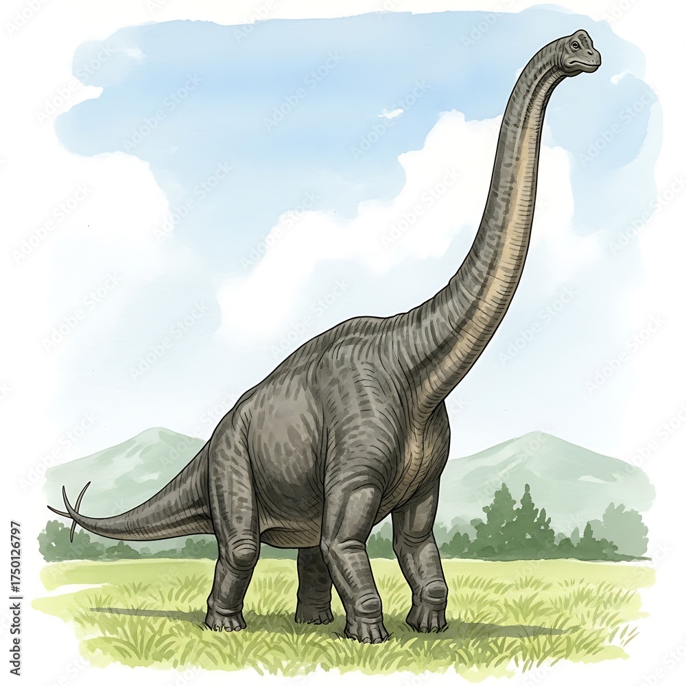 Fototapeta premium Brachiosaurus in a Field - A Detailed Illustration of a Dinosaur.