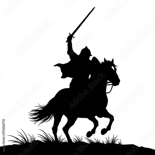 Silhouette of a Warrior on Horseback Raising Sword in Victory.