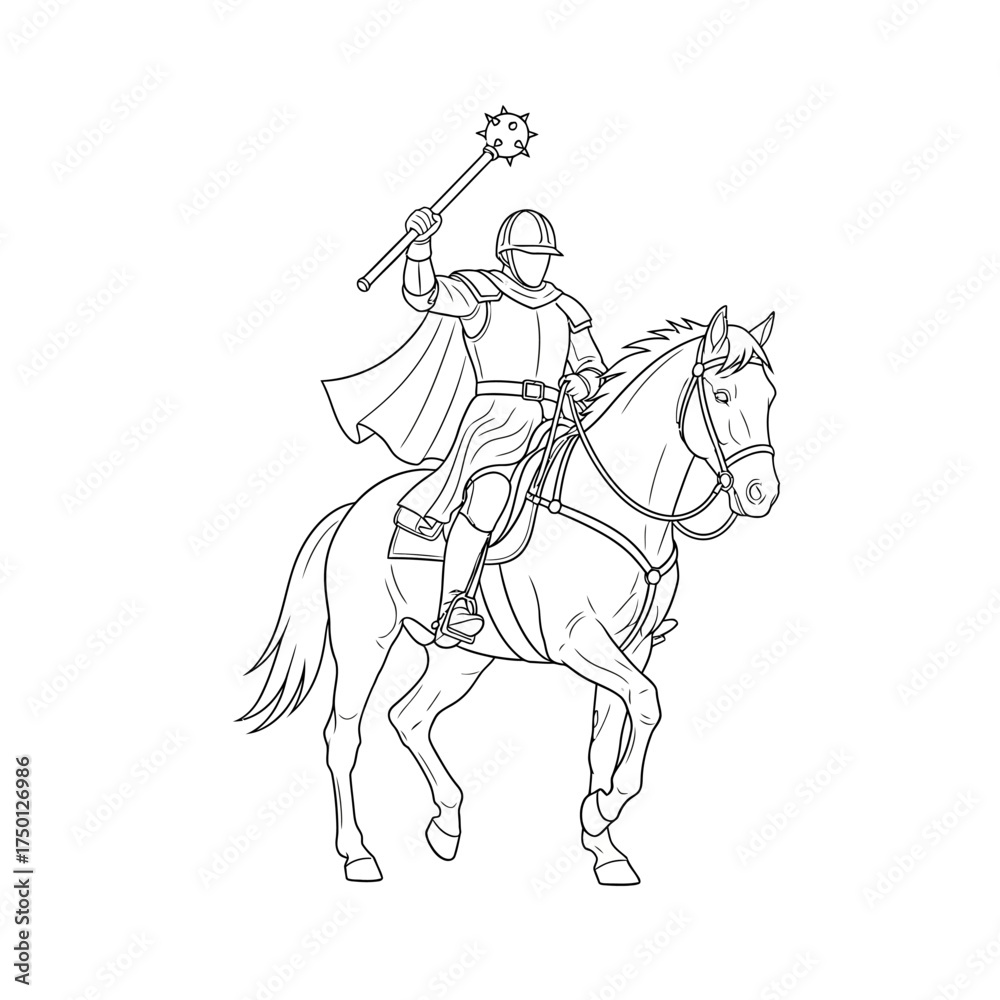 Fototapeta premium Line Art Depiction of a Knight on Horseback with Mace.