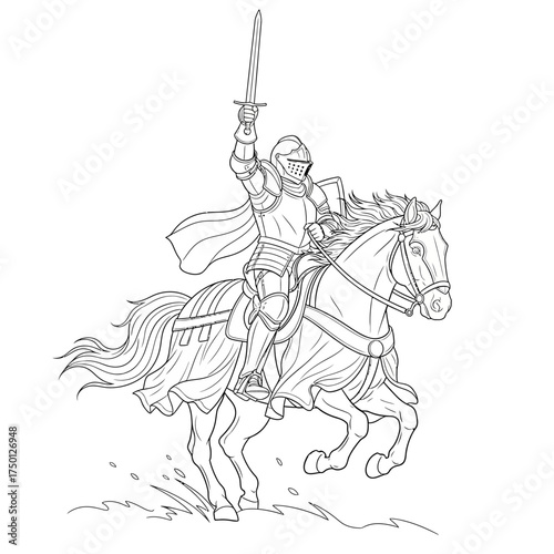 Valiant Knight in Full Armor Riding a Galloping Horse with Sword Raised.
