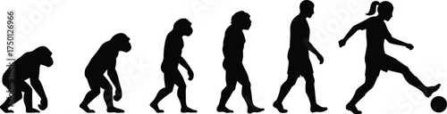 Evolution from ape to modern human silhouette concept, man to woman transformation, football soccer player kicking ball, progress development illustration