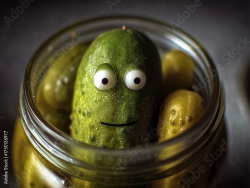 A Quirky and Moody Photograph of a Googly-Eyed Pickle Character with a Deadpan Expression, Sitting Among its Peers in an Open Glass Jar.