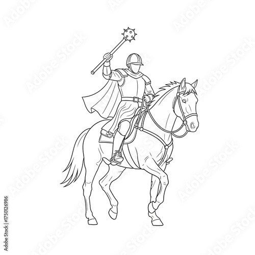 Line Art Depiction of a Knight on Horseback with Mace.