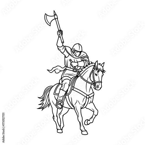 Medieval Knight on Horseback with Battle Axe Line Art Illustration.