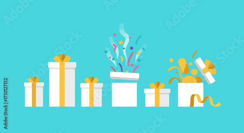 A row of white gift boxes decorated with golden ribbons and bows presents surprises with confetti and popping gifts