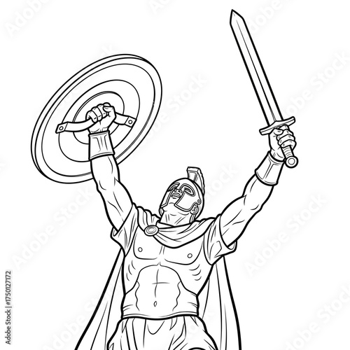 Victorious Ancient Warrior Raising Sword and Shield in Triumph.