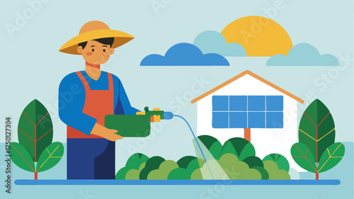 A local farmer using a solarpowered irrigation system in a vibrant vegetable garden.