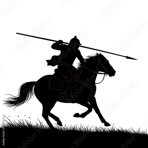 Silhouette of a medieval warrior on horseback with a lance.