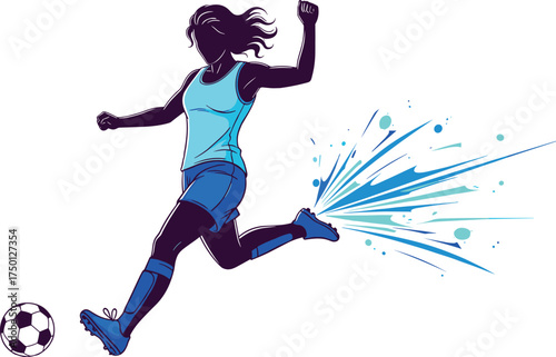 Female soccer player kicking ball with powerful splash effect, dynamic sports illustration, athletic woman, football action, energy motion design, fitness training artwork