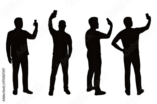 Silhouettes of four men taking selfies with their smartphones isolated on transparent background