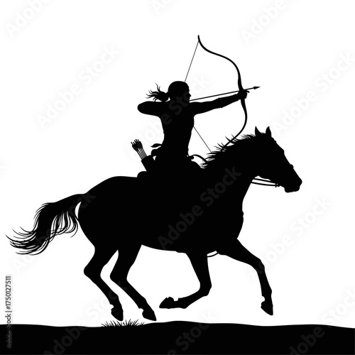 Silhouette of a Horse Archer - Equestrian Warrior Aiming with Bow and Arrow.
