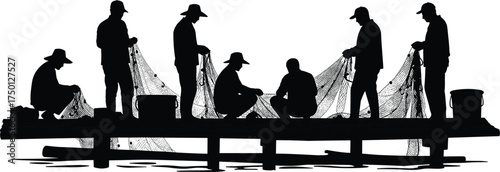 Fishing dock silhouette, net mending workers, maritime labor scene, waterfront teamwork, black vector illustration, traditional coastal occupation, rope handling activity, fishing gear