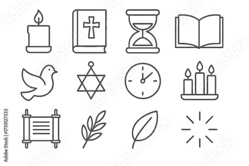 Outline icons of Yom Kippur symbols including candles and dove  