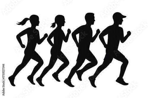 Silhouettes of four runners in motion isolated on transparent background