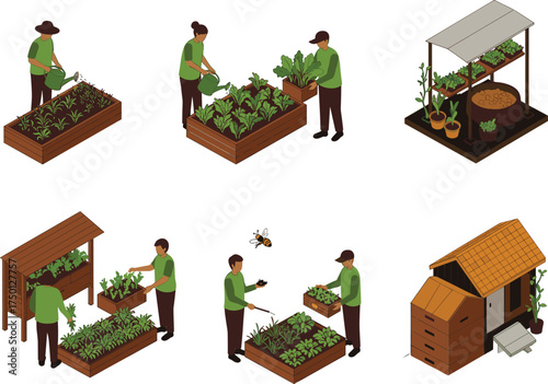 Gardening and beekeeping illustration, raised beds, greenhouse, compost container, vertical garden, pollination, sustainable farming, black silhouette, nature care, eco-friendly lifestyle
