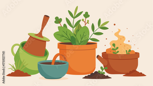 A whimsical composition of various cooking herbs in terracotta pots with one pot spilling over symbolizing abundance and freshness in cuisine.