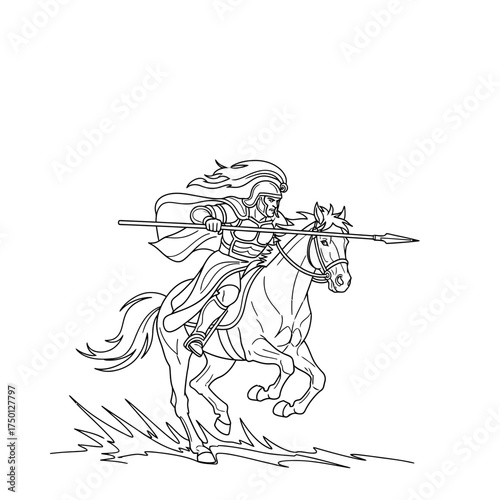 Black and white line art of a fierce warrior charging on horseback with a spear.