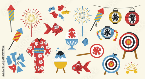 Vibrant Japanese Summer Festival Celebration Collection Featuring Traditional Artwork and Iconic Summer Elements