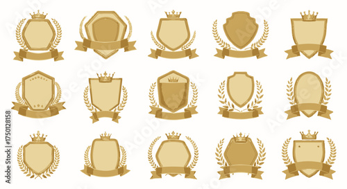 Collection of Decorative Golden Shields Crowns Laurels and Ribbons Emblematic Shapes for Royalty Heraldry and Awards Design Elements