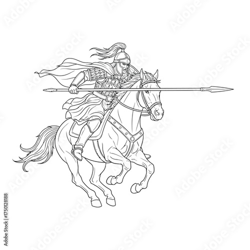 Ancient Warrior Riding Horse with Spear Line Art.
