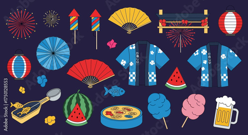 Collection of Japanese Summer Festival Elements Featuring Fireworks Fans Lanterns and Traditional Attire