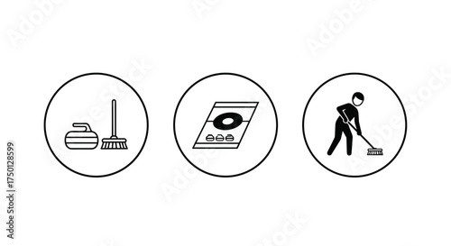 Curling Sport Icons Representing Game Equipment Ice Rink and Athlete Sweeping on Transparent Background