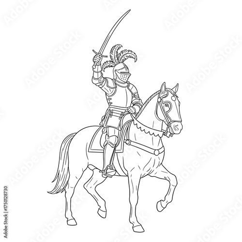 Valiant Knight in Full Armor on Horseback with Raised Sword.