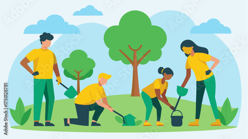 A group of volunteers planting trees in a community park illustrating community engagement through environmental efforts.