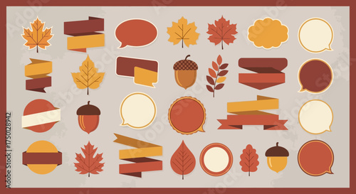 Autumn Themed Decorative Elements Including Maple Leaves Acorns Speech Bubbles and Banners for Design Projects
