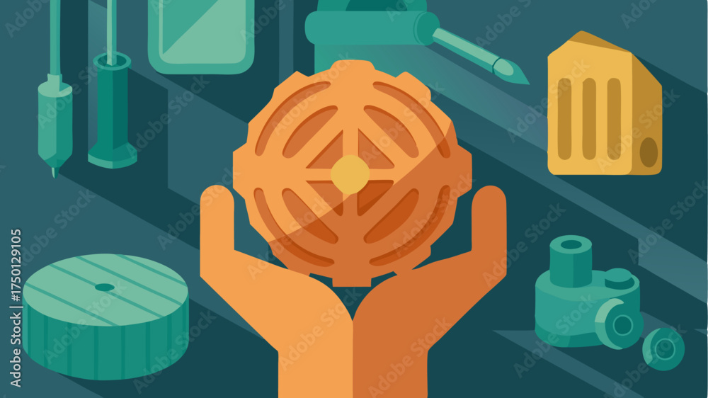 A hand holding a finished 3D printed object with an emphasis on the texture and details of the surface set against a blurred background of tools.