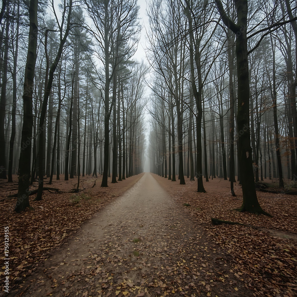 Fototapeta premium Straight forest path lined with tall bare trees and fallen autumn leaves