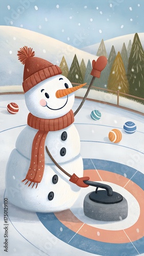 Smiling snowman joyfully curling on ice with colorful curling stones in winter scenery