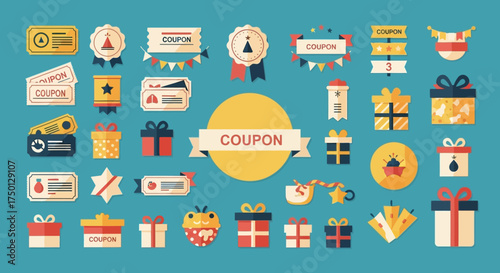 Collection of Colorful Flat Design Icons Representing Coupons Gift Vouchers and Special Offers for Sales and Promotions