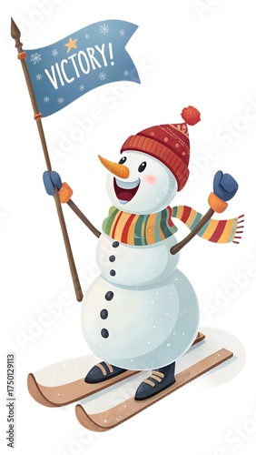 Snowman skiing and holding a victory flag on a transparent background