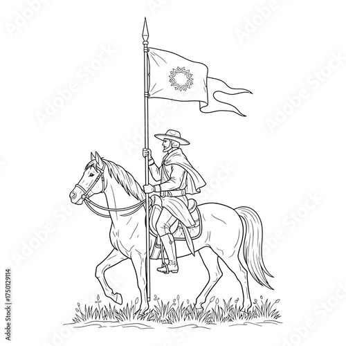 Historical Horseman with Flag, a Detailed Line Art Illustration.