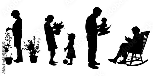 Diverse family silhouettes engaged in various activities like gardening playing and relaxing