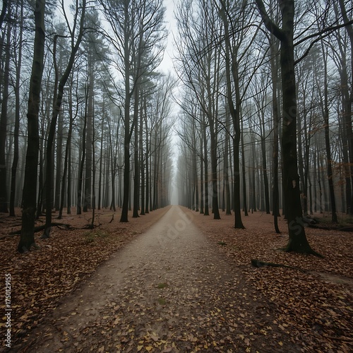 Straight forest path lined with tall bare trees and fallen autumn leaves
