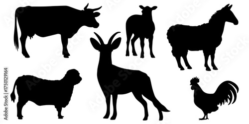 Collection of farm animal silhouettes including cow goat horse chicken and calf silhouette