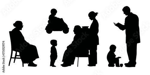 Diverse group of people in silhouette representing different ages and activities silhouette